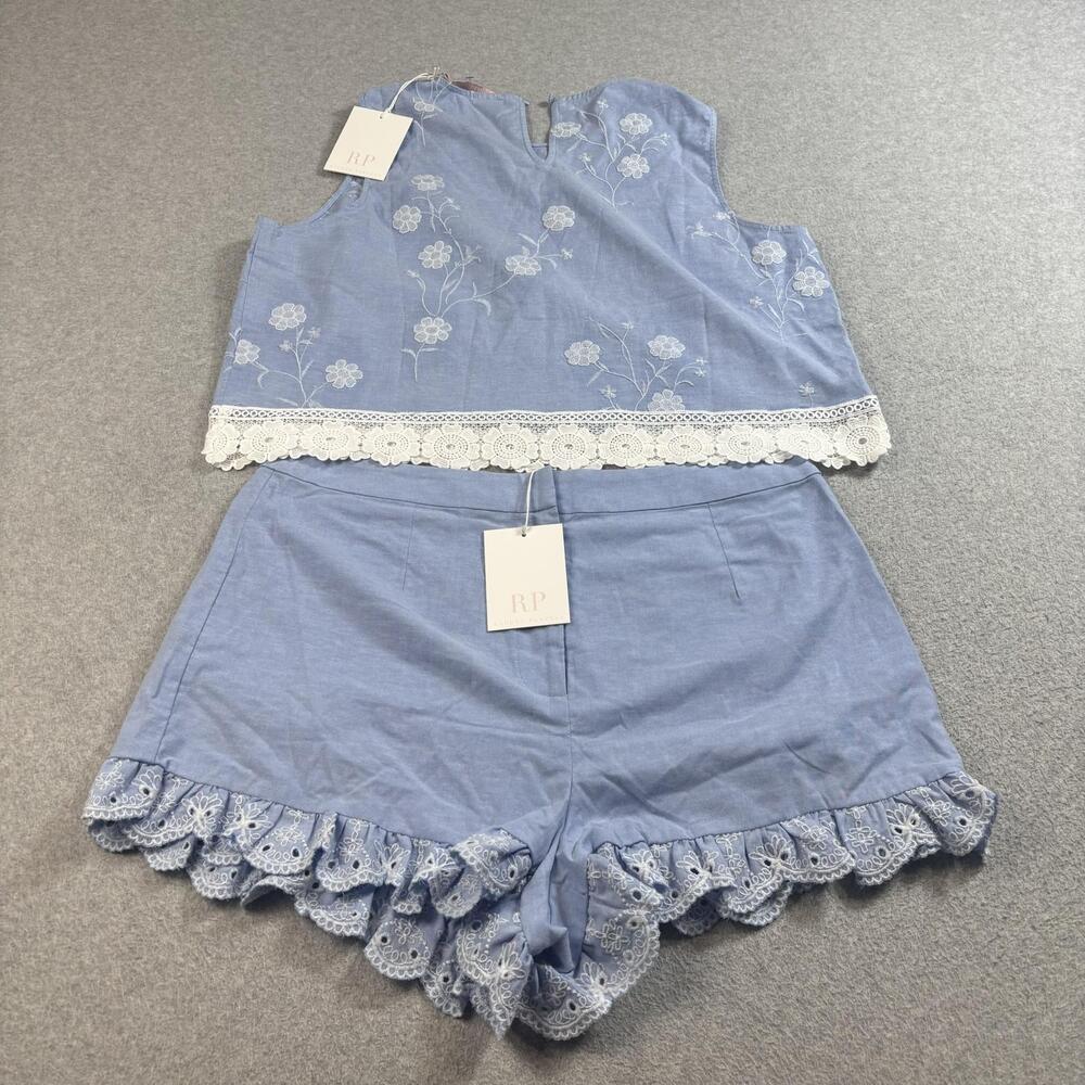 Rachel Parcell 2 Piece Set Womens XL/14 Sky Blue Eyelet Tank Shorts Scallop Hem